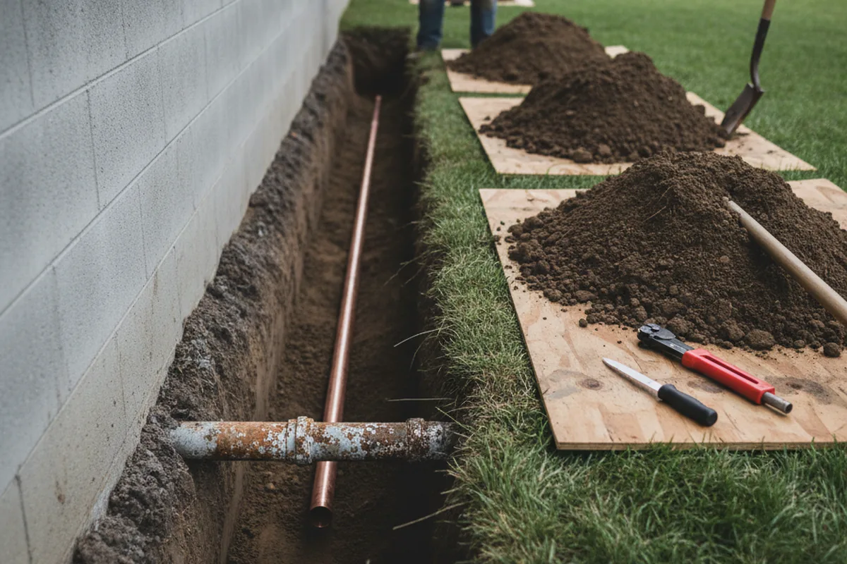 Excavated water line trench during Water Softener Installation in Burleson